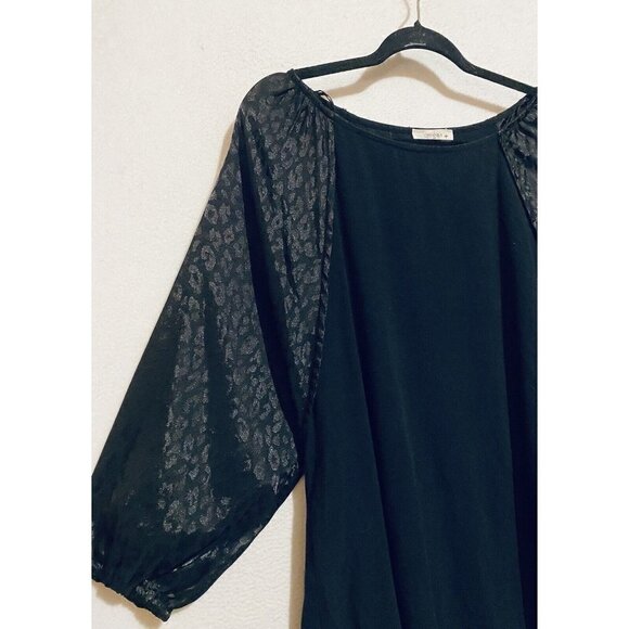 Umgee Top Womens XL Black Leopard Print Puffy Sleeve Linen Blend Fringe Hem Boho - Picture 2 of 7